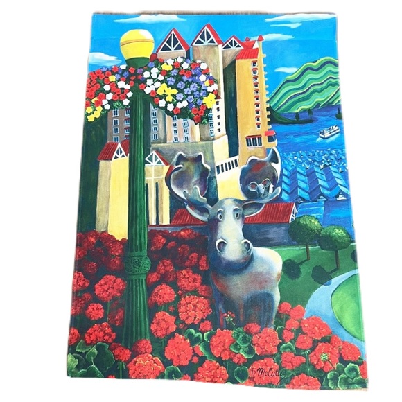 D McCulley Moose in the City Floral Flag Tapestry Wall Hanging Decor - Picture 1 of 7